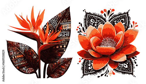 Vibrant Abstract Floral Illustration with Bold Colors and Intricate Patterns