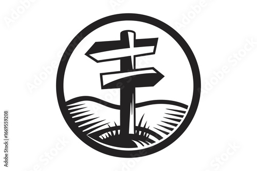 Signpost with directional arrows stands prominently in front of a black and white field logo