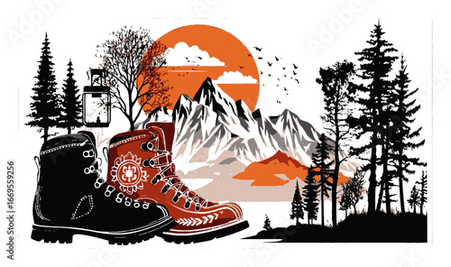 Vintage Style Hiking Boots with Trees and Mountains Abstract Illustration