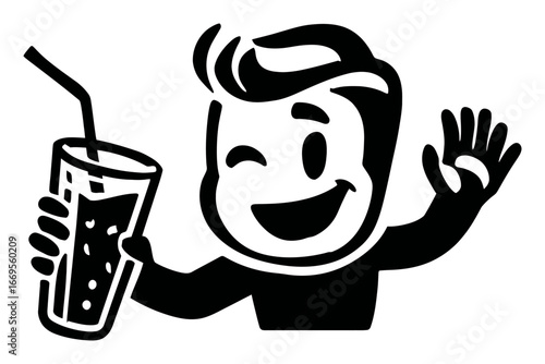 Cheerful Cartoon Character Enjoying Refreshing Beverage with Straw