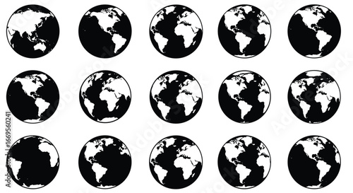 Vector set of black and white Earth globe icons with different continent views on white background
