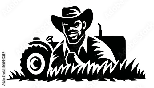 Farmer Working on Tractor in Field with Grass and Smiling Expression