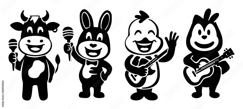 Obraz premium Playful Animal Characters Singing with Instruments and Microphones