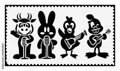 Cartoon Animals Singing and Playing Instruments in Black and White Design