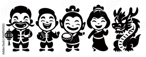 Cheerful Cartoon Characters with Dragon for Celebratory Themes