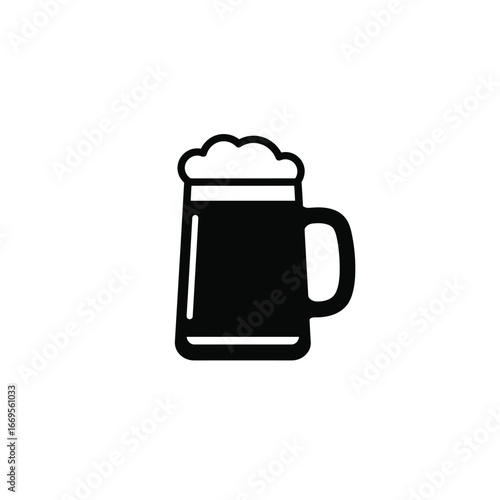 A black and white illustration of a beer mug with foam