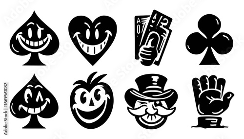 Vintage Casino Icons with Playful Characters and Classic Card Symbols