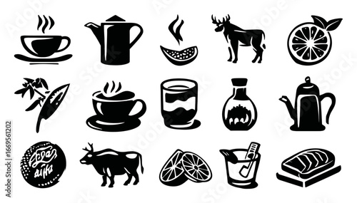 Vintage Black and White Icons of Beverages, Foods, and Nature Elements