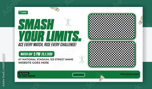 Badminton sport challenge banner design to smash your limits and ace match