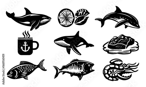 Black and White Illustrations of Marine Life and Seafood Icons