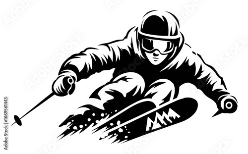 Dynamic Black and White Skiing Illustration of a Male Skier in Action