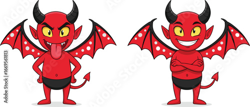 Cartoon red devil characters with wings, horns, yellow eyes, funny expressions, evil smile, Halloween costume concept, isolated, vector illustration, mischievous