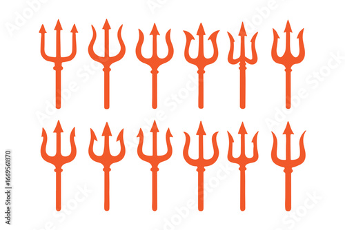 Trident vector icon set. Set of black silhouettes of trident on a white background. Neptune trident. Design element for logo, label, sign, poster. Vector illustration