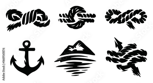 Nautical Elements with Knots, Anchor, and Mountains in Black Silhouette
