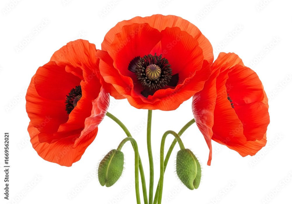 Obraz premium Three vibrant red poppy flowers isolated on transparent background
