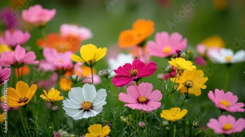 Colorful wildflower meadow with pink, yellow, white, and orange blooms creating lively cheerful nature scene vibrant flower blossom field in natural green outdoor setting