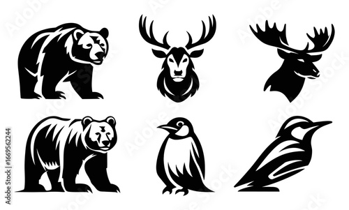 Black and White Animal Illustrations Featuring Bear, Deer, and Bird Designs
