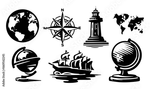 Nautical Elements with Globe, Ship, and Compass Illustrations