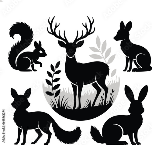 Black and White Illustration of Silhouette Animals Deer, Squirrel, Fox, and Two Rabbits