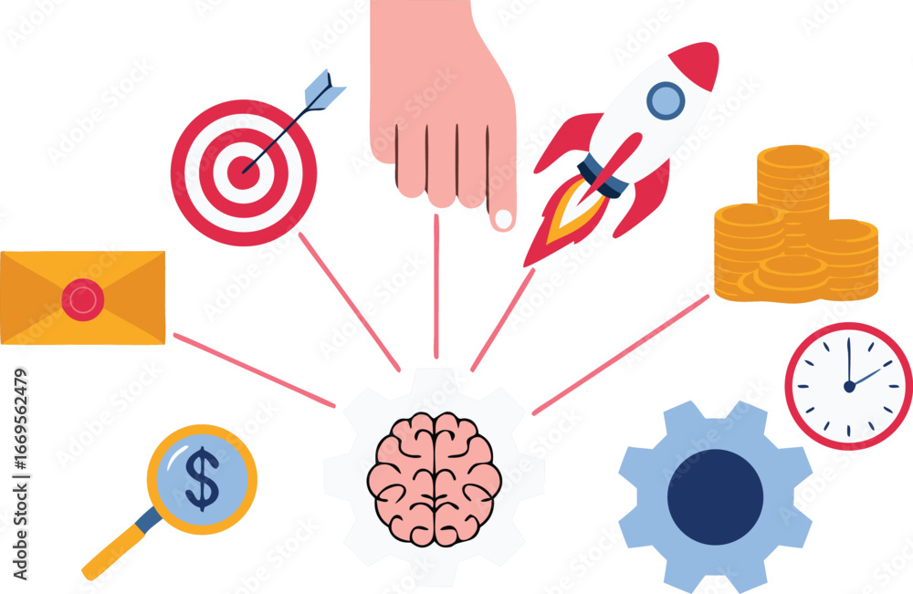 Fototapeta premium Brainstorming Flat Design Rocket, Money, Target, Gear, Mail and More Creative Business Concept