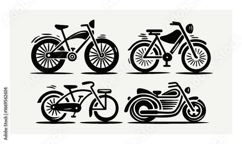 Vintage Style Illustrations of Various Bicycles and Motorcycles in Black