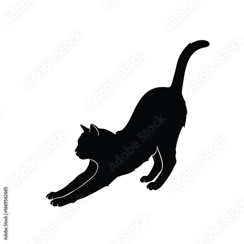 Black cat stretching and crouching low to the ground in a playful pose