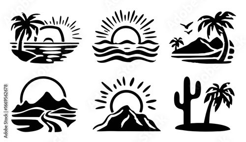 Stylish Black and White Illustrations of Nature Scenes with Suns