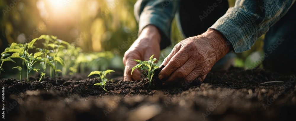 Fototapeta premium The Gardener's Hands Planting Young Seedlings in Sunlit Garden Soil
