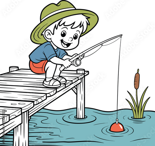 Cartoon Boy Fishing from Wooden Pier with Red Bobber and Cattails Illustration