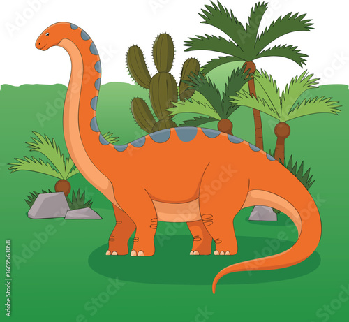 Cartoon Brontosaurus Dinosaur with Palm Trees and Cactus on Green Background Illustration