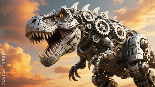 Fototapeta Naklejka Na Ścianę i Meble -  Mechanical Dinosaur with Gears and Metal Components Against a Sunset Sky