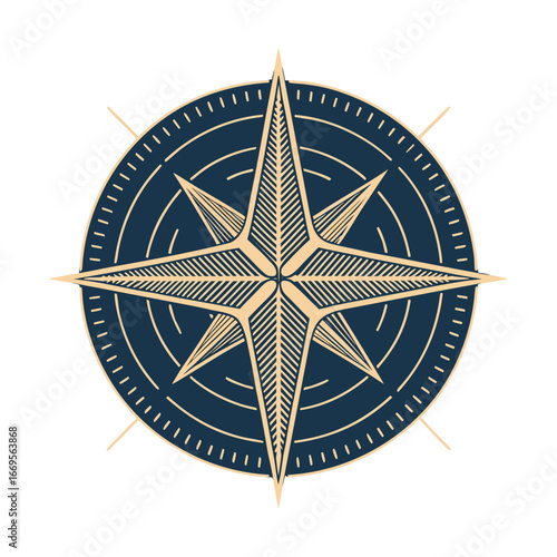 Nautical Compass Rose: Vintage Style, Elegant Beige and Navy Blue Design, Symbolic of Guidance and Exploration.