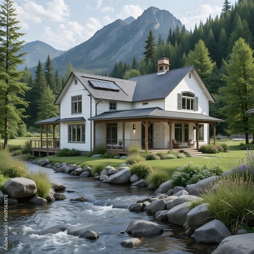 Rustic Modern Farmhouse Exterior with Lush Green Landscape