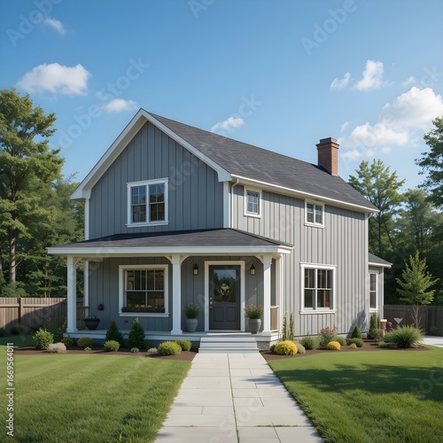 Rustic Modern Farmhouse Exterior with Lush Green Landscape