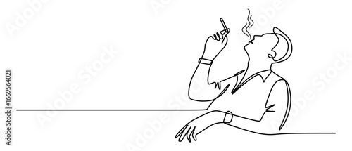 Continuous line art of a man smoking with his face turned upwards. vector illustration
