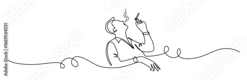 Continuous line art of a man smoking with his face turned upwards. vector illustration