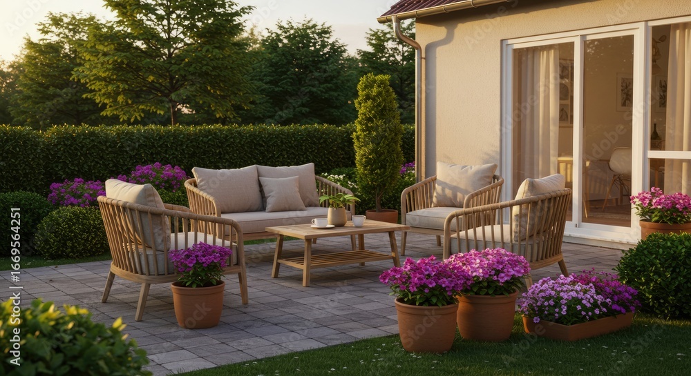 Fototapeta premium Serene Outdoor Patio with Wicker Furniture and Vibrant Pink Flowers at Sunset