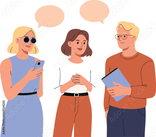 Cartoon Group with Speech Bubbles Blonde Woman with Phone, Brunette, and Blond Man