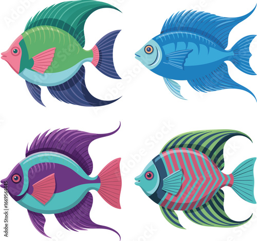 Cartoon Illustration of Four Colorful Angelfish with Decorative Fins and Stripes on White