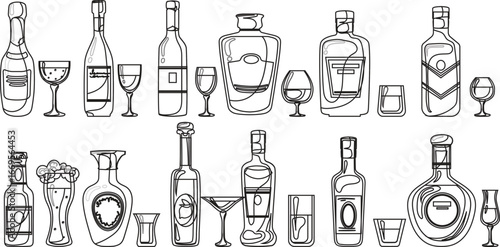 Alcohol cocktail bar doodle set, vector hand drawn beverages party illustration, champagne glasses. Waiter arm with tray, bartender preparing drinks, gin bottle menu line icon.