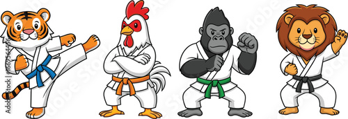Cartoon animals practicing martial arts in karate uniforms, tiger, chicken, gorilla, lion, colorful belts, isolated on white background