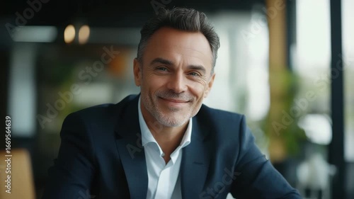 Wallpaper Mural Confident mature businessman smiling warmly in dark suit and white shirt inside modern office, expressing friendly professionalism and calm satisfaction with natural light ambiance Torontodigital.ca