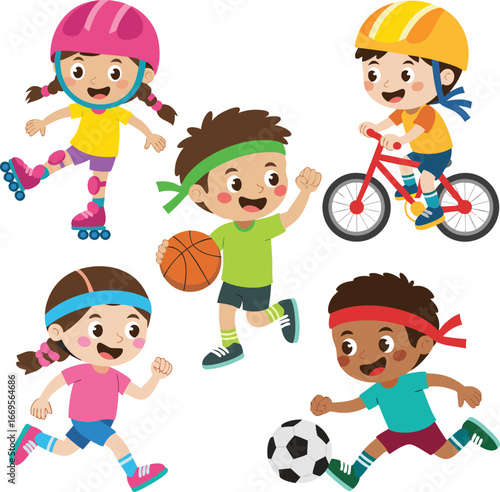 Cartoon Kids Engaging in Different Sports Activities Rollerblading, Basketball, Running, Cycling, and Soccer
