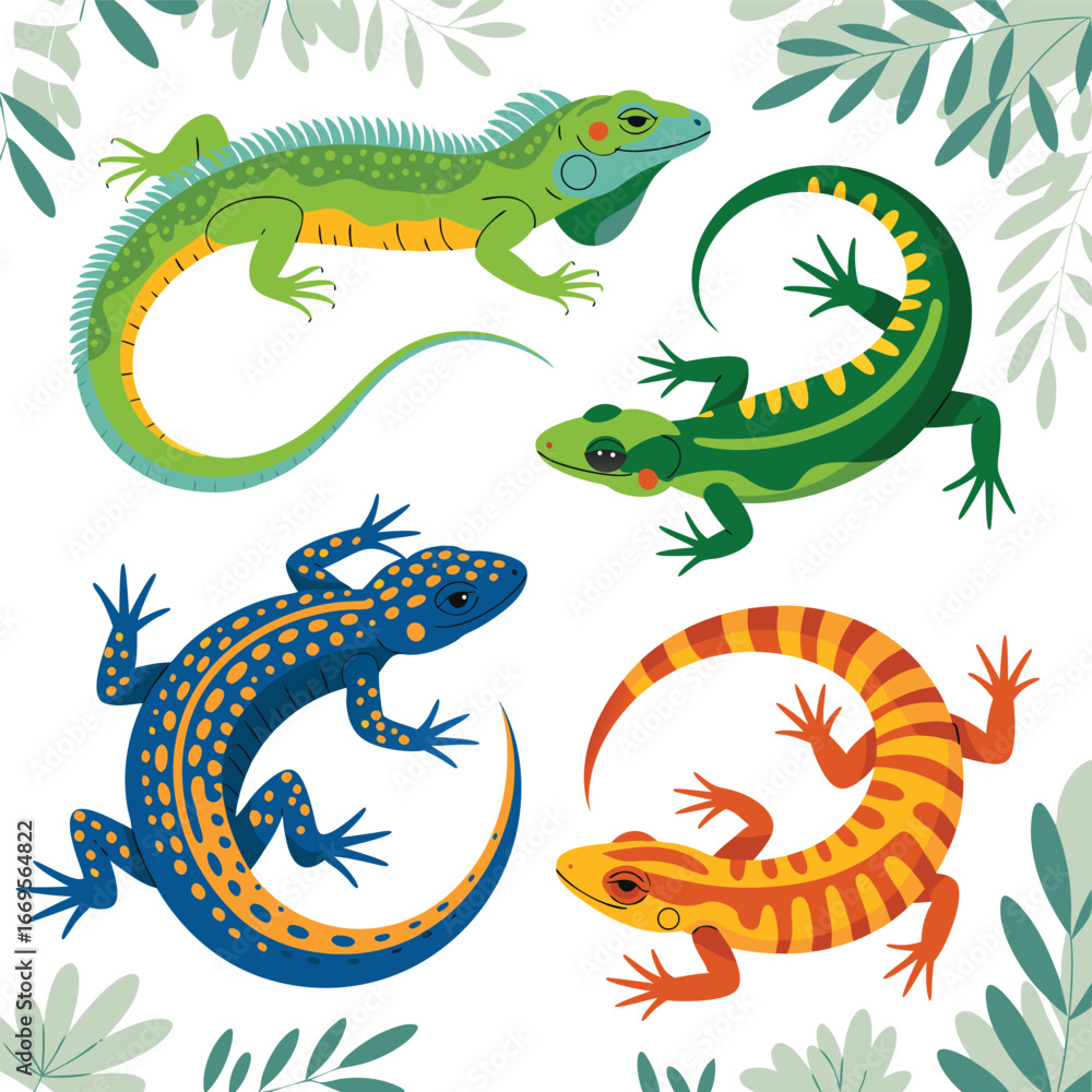 Fototapeta premium Cartoon Lizards Illustration Green Iguana, Dark Green Lizard, Blue Gecko, and Orange Striped Lizard
