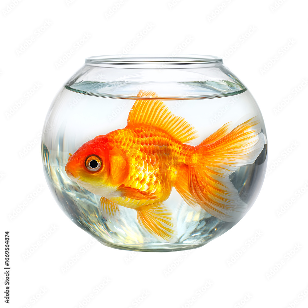 Fototapeta premium A bright orange goldfish swims gracefully in a clear round glass bowl filled with water isolated on transparent background