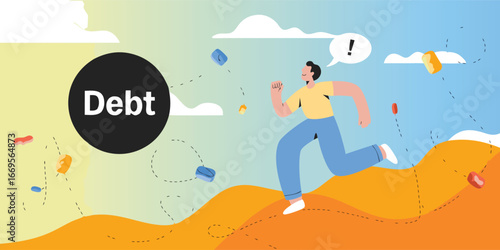 Cartoon Man Running Away from Debt Illustration with Exclamation Point in the Sky Above Him