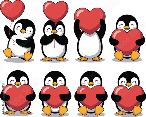 Cartoon Penguins Holding Red Hearts Love, Valentine's Day, Cute Animals, Happy Feelings