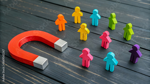 Conceptual image showing magnet attracting colorful people icons, symbolizing leadership, social influence, customer attraction, business growth, and recruitment.