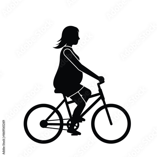 A pregnant woman riding a bicycle in a simple silhouette style illustration