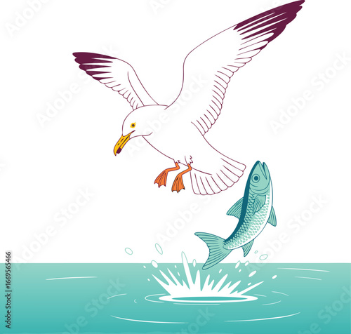 Cartoon Seagull Diving for Fish Jumping Out of the Ocean Water Illustration